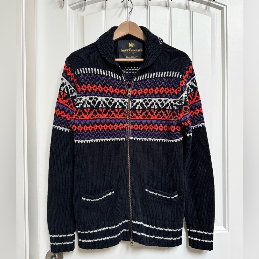 French Connection Black Blue Nordic Acrylic/Cotton Zip Up Cardigan w pockets. M